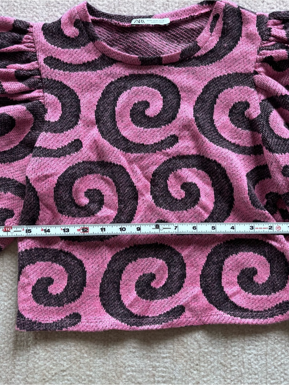Zara Purple and Black Swirl Puff-Sleeve Crop Top Sweater Medium - Picture 7 of 9